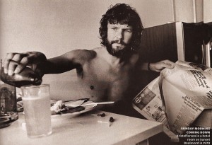 A young Kris Kristofferson pours a beer at the breakfast table.