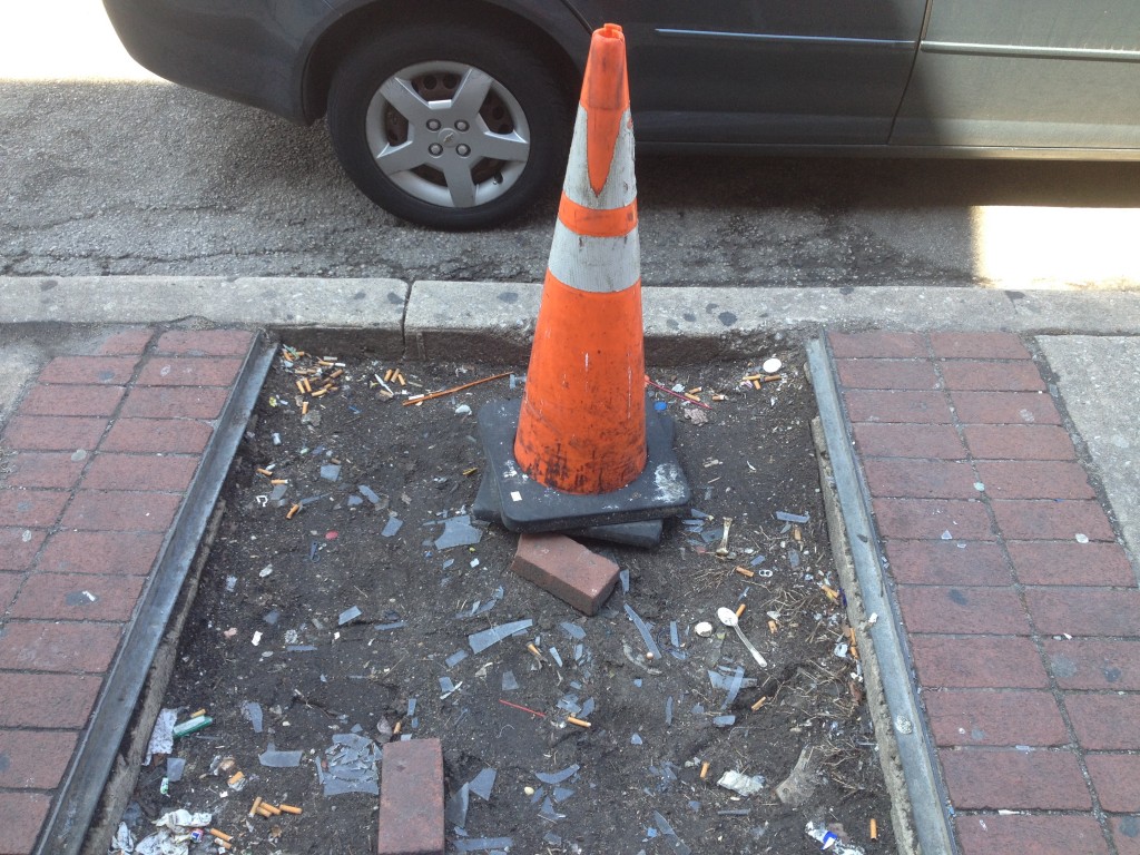 Do you really think this cone is making this empty tree well any safer? How about planting a goddamn tree there?